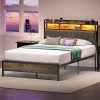 Full Size Bed Frame with Headboard and LED Lights and Storage