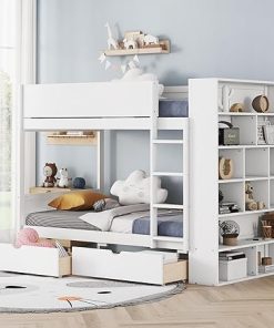 Harper Bright Twin Over Twin Bunk Bed Frame with Storage and Guardrails