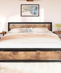 King Size Bed Frame with Wooden Headboard and Metal Platform Rustic Brown