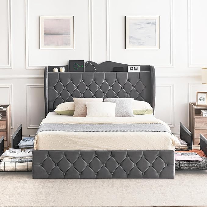 Queen Size Bed Frame with Storage Drawers and Charging Station Queen Size Bed Frame with Storage Drawers and Charging Station