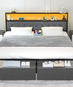 Yoobure King Size Metal Bed Frame with Storage Drawers and Lights 2