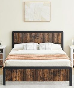 Queen Size Bed Frame with Wave Wood Headboard and Under Bed Storage