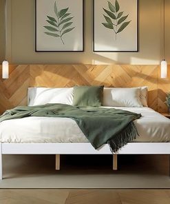 Solid Wood King Bed Frame with Slat Support, Easy Assembly White
