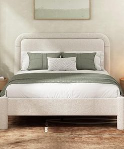 Upholstered Queen Bed Frame Modern Design Soft Cream Easy Assembly 2