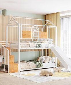 KIVENJAJA Twin Over Twin Bunk Bed Metal Frame with Slide and Stairs