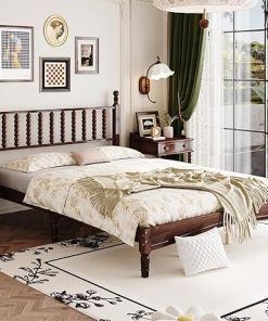 Polibi Queen Size Platform Bed with Headboard in Walnut Finish