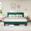 Green Velvet Queen Bed Frame with Adjustable Headboard and Wooden Slats