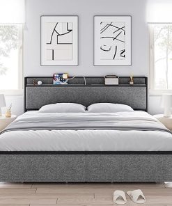 Full Bed Frame with Drawers and Charging Station Headboard Gray