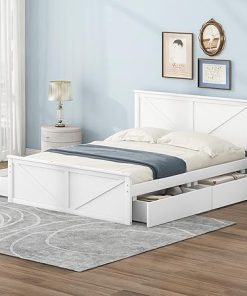 Queen Size Wooden Platform Bed Frame with 4 Storage Drawers White Queen Size Wooden Platform Bed Frame with 4 Storage Drawers White