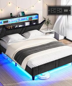 Full Size Bed Frame LED Lights Hidden Storage Velvet Upholstered