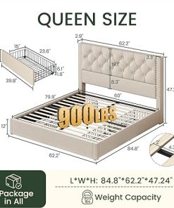 Queen Size Linen Upholstered Bed Frame with Storage and Headboard 2