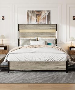 Weehom Queen Bed Frame with Headboard Storage Drawers and LED Lights 2
