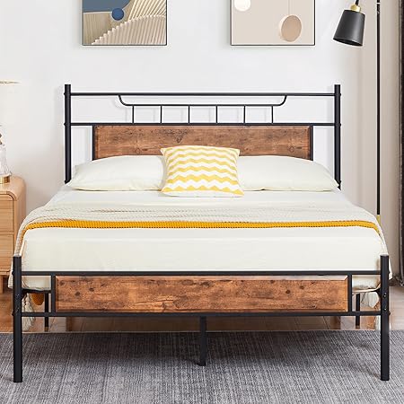 VECELO Full Size Platform Bed Frame with Wood Headboard in Brown VECELO Full Size Platform Bed Frame with Wood Headboard in Brown