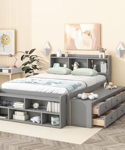 Platform Bed with Bookcase Headboard and Underbed Storage Drawers