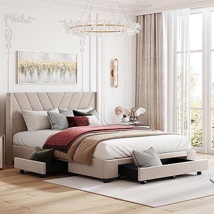 Queen Size Upholstered Platform Bed with 3 Drawers in Beige 2 Queen Size Upholstered Platform Bed with 3 Drawers in Beige - Image 2