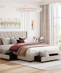 Queen Size Upholstered Platform Bed with 3 Drawers in Beige