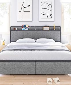 Full Size Upholstered Bed Frame with Charging Station and Drawers