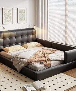 Black Queen Size Bed Frame with Button Tufted Headboard and Rails