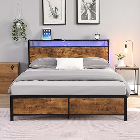 Industrial Queen Bed Frame with LED Lights and Storage Headboard Industrial Queen Bed Frame with LED Lights and Storage Headboard