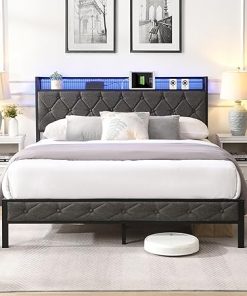 Full Size Bed Frame with Storage Headboard and LED Lights Dark Gray