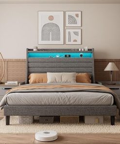 Queen Size Upholstered Bed Frame with Headboard and Charging Station