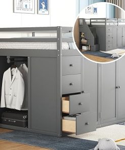 Full Size Loft Bed with Stairs and Storage Cabinets for Kids Teens