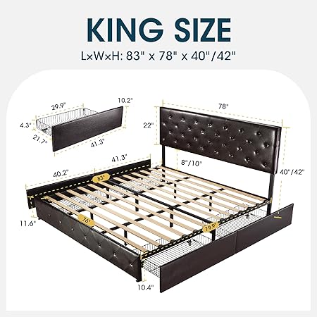 WEEWAY King Size Bed Frame with 4 Storage Drawers and Tufted Headboard 2 WEEWAY King Size Bed Frame with 4 Storage Drawers and Tufted Headboard - Image 2