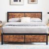 VECELO Rustic Platform Bed Frame with Wood Headboard and Metal Slats