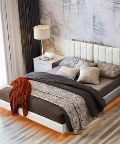 White Queen Bed Frame with Wall-Mounted Headboard and LED Lights
