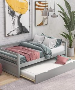 Merax Gray Daybed with Trundle Solid Wood Frame for Teens and Adults 2