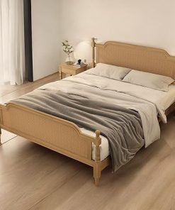 Rattan Queen Bed Frame Solid Wood Platform Bed Vintage Headboard