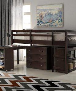 Wood Loft Bed Frame with Storage and Rolling Desk for Kids Twin 2
