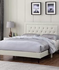 Upholstered Platform Bed Frame with Adjustable Headboard Beige 2