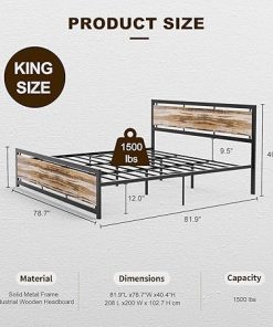 Industrial King Size Metal Bed Frame with Rustic Wooden Headboard 2