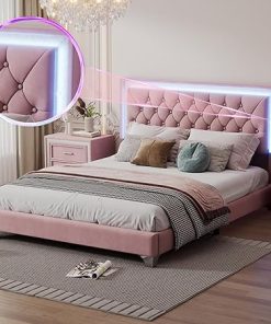 Queen Size Upholstered Bed Frame with LED Lights and Velvet Headboard