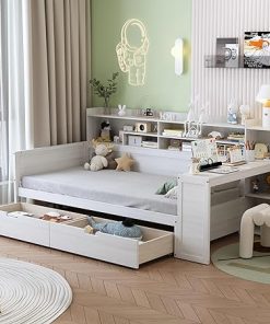 Twin Size Corner Bed Frame with Storage and Desk for Small Spaces