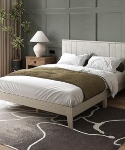 Queen Size Wood Bed Frame Velvet Headboard Platform Easy Assembly
