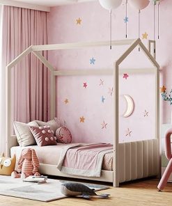 Montessori Twin Size Velvet Floor Bed Frame for Kids with Headboard
