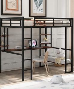 Heavy Duty Black Metal Loft Bed Frame with Desk and Storage Shelves