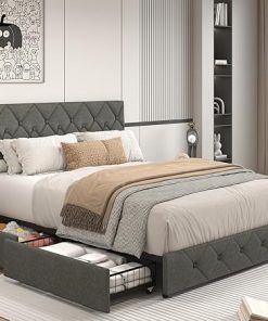 Olivae Queen Bed Frame with 4 Storage Drawers and Adjustable Headboard