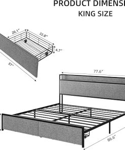 King Size Bed Frame with Headboard Drawers Storage Charging Light Grey 2