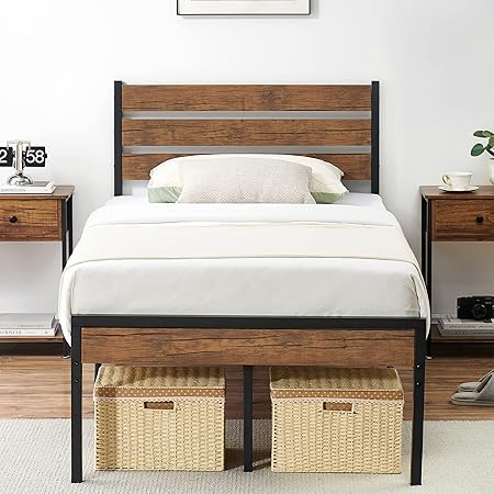 Twin Size Bed Frame Rustic Wood Headboard Metal Slats Easy Assembly Twin Size Bed Frame Rustic Wood Headboard Metal Slats Easy Assembly