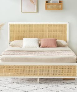 Queen Bed Frame with Metal Rattan Headboard Heavy Duty Platform Bed