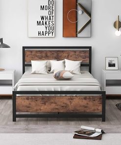 Heavy Duty Full Size Bed Frame with Modern Wood Headboard Black 2