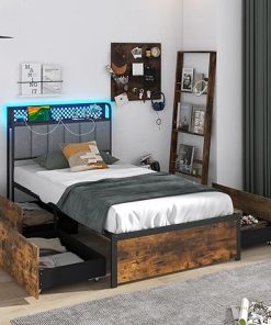 Giantex Twin Size LED Bed Frame with Charging Station and Storage Drawers