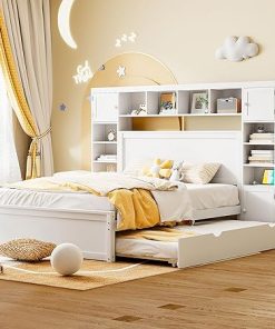 Merax Queen Size Wooden Bed with Cabinet Shelf and Trundle Drawers