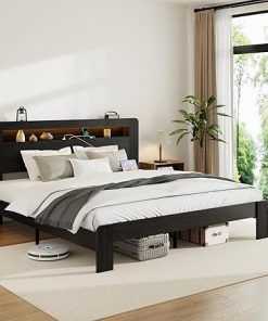 King Bed Frame with Headboard and LED Lights, USB Ports, Black 2