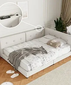 Queen Size Modern Upholstered Platform Bed with USB Ports Beige