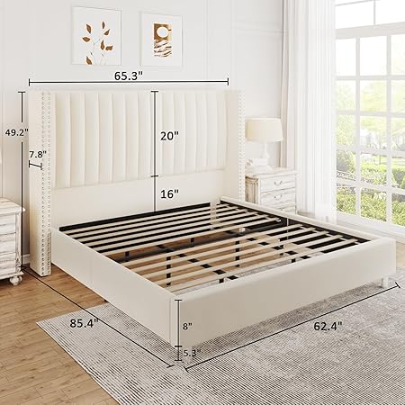 Queen Size Tufted Bed Frame with Velvet Headboard Easy Assembly Cream 2 Queen Size Tufted Bed Frame with Velvet Headboard Easy Assembly Cream - Image 2