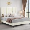 Queen Size Upholstered Bed Frame with Wave Headboard Beige 4